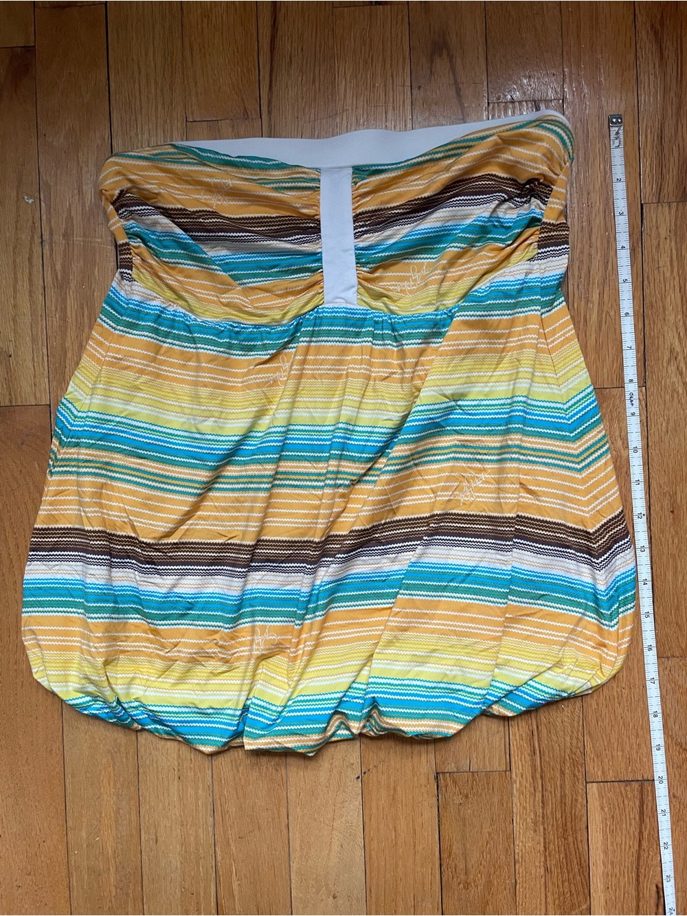 Baby Phat Yellow Turquoise Brown Striped Tube Top with Zigzag Trim
